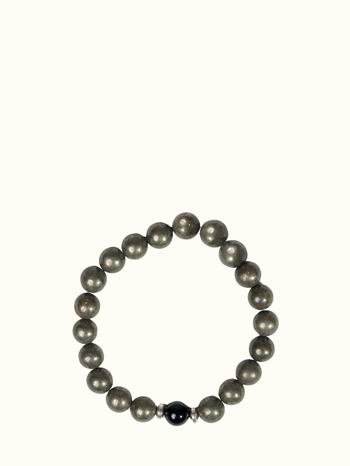 Front view of Gemstone Pyrite & Black Onyx Bead Silver Bracelet showing the complete piece and design