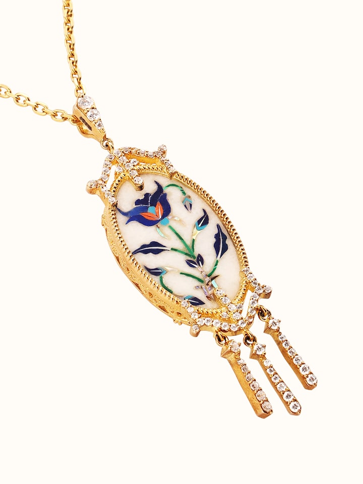 Front view of Parchinkari Silver Pendant & Chain showing the complete piece and design, from a different angle