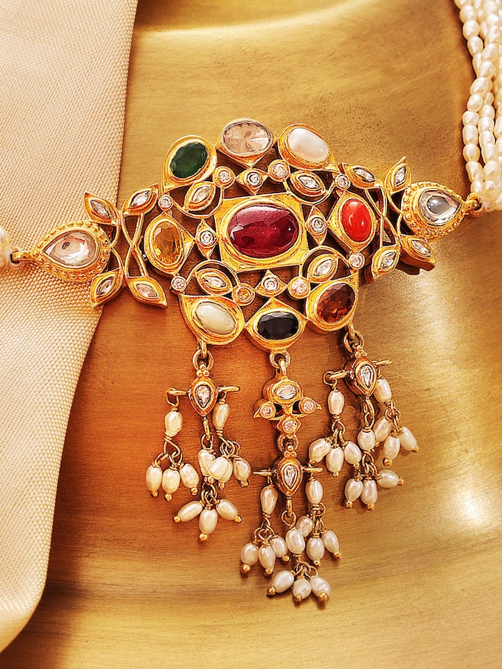 Front view of Navratna silver choker focusing on its vibrant gemstones and classic silver design