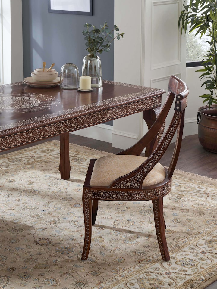 Front view of Upholstered Sheesham Wood Bone Inlay Dining Chair (2 Pcs) highlighting the elegant bone inlay and plush upholstery.