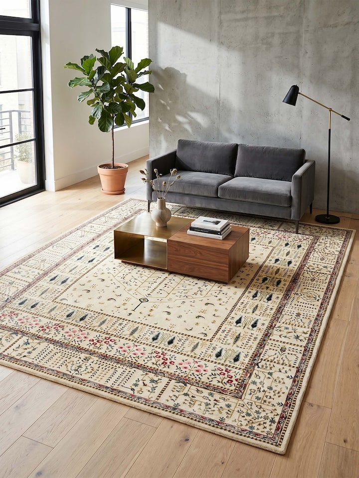 Styled view of Traditional Persian Ivory Tree of Life Bhadohi Wool & Bamboo Silk Hand Knotted Rug styled in a room setting