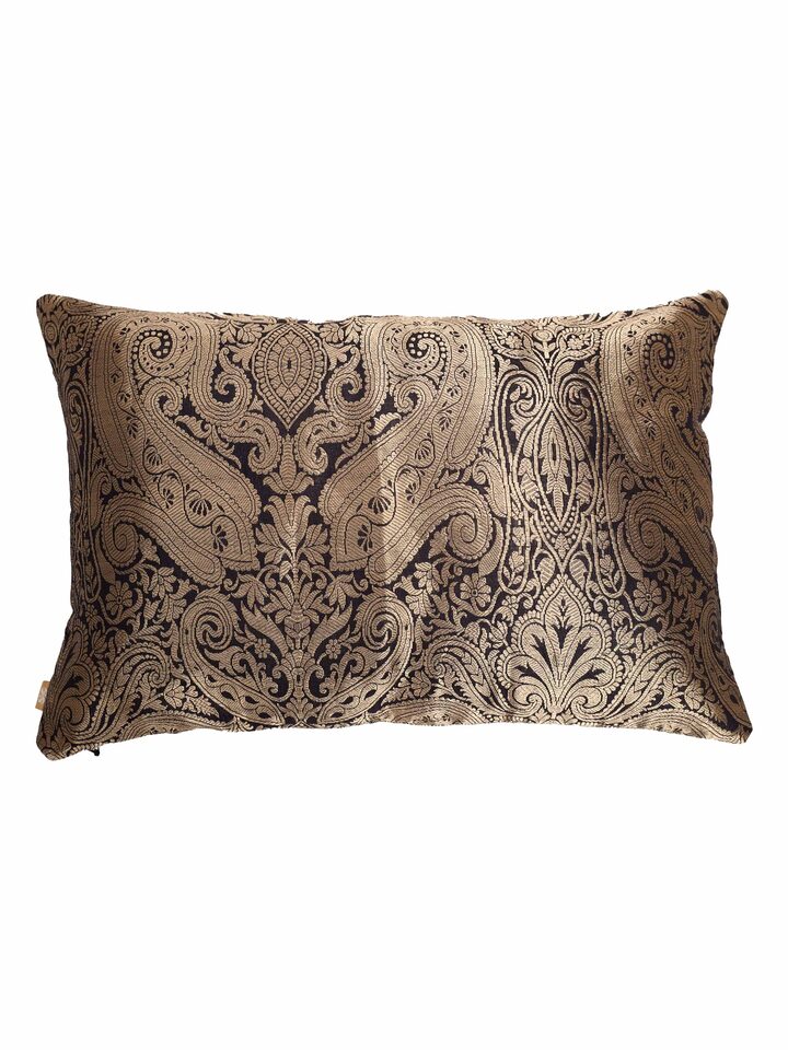 Awadh damask black Banarasi handloom silk cushion cover with woven motifs, front view