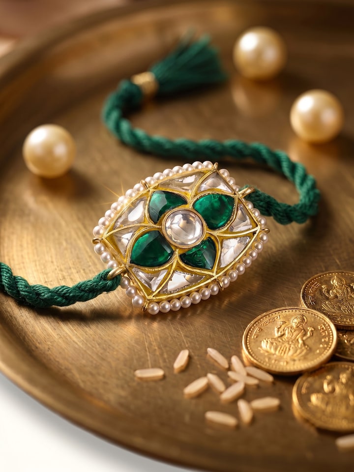 Front view of Silversmithing Rakhi showing the complete piece and design, from a different angle