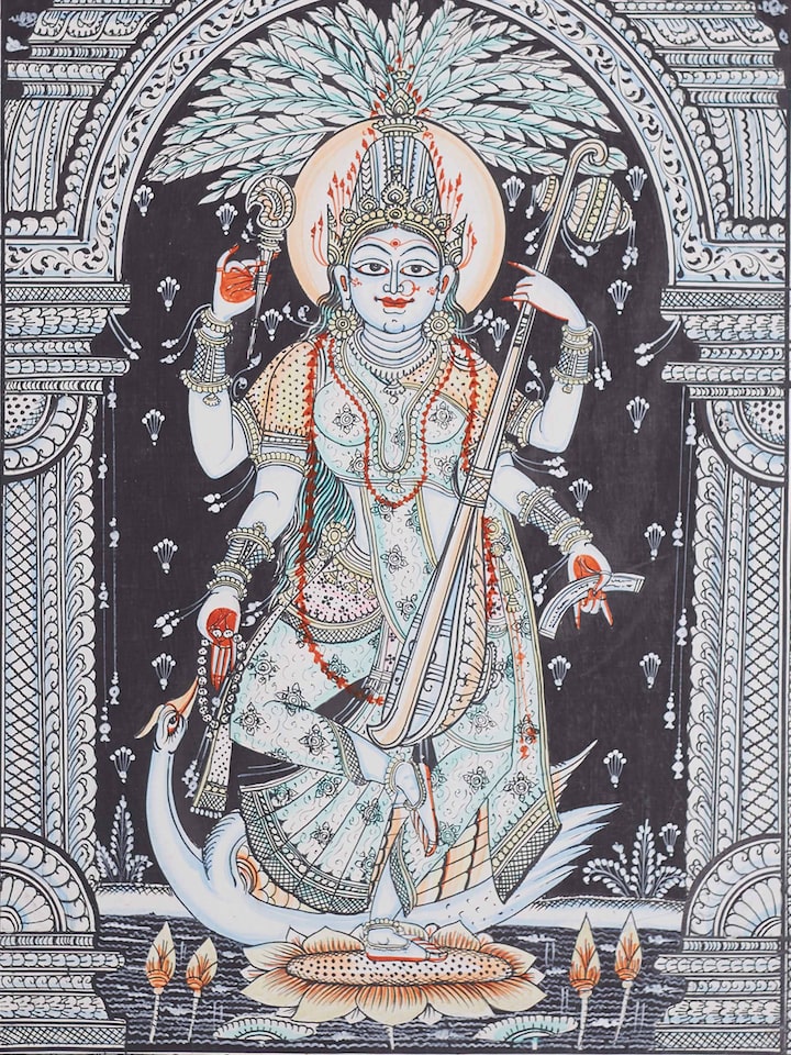 Detail view of the Saraswati Canvas Patachitra Painting