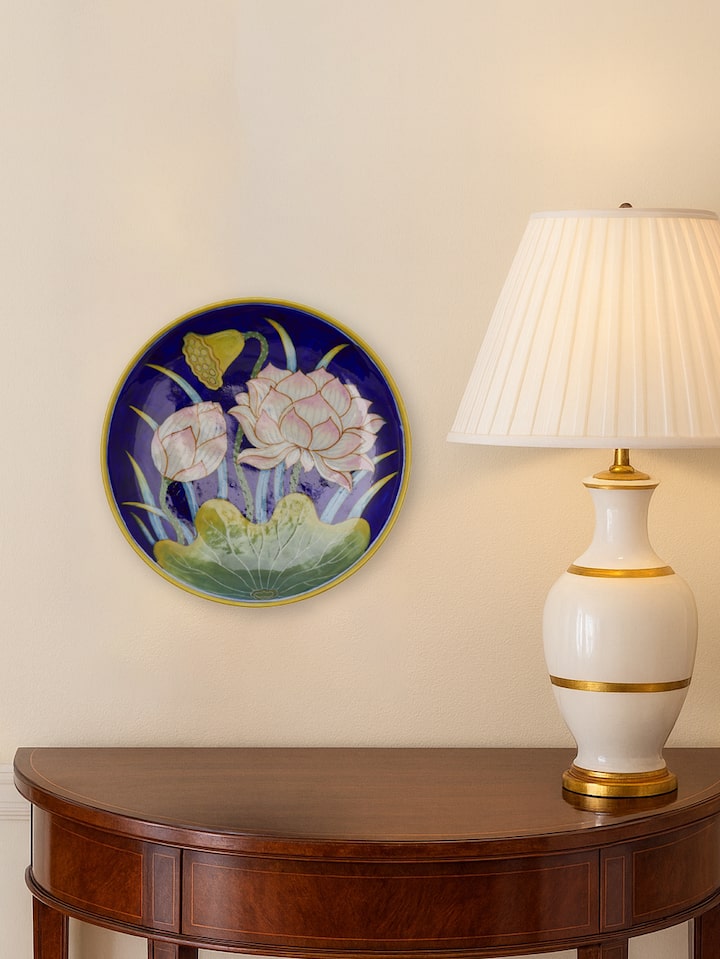 Lifestyle view of Blue Pottery Flower with Leaf Display Plate