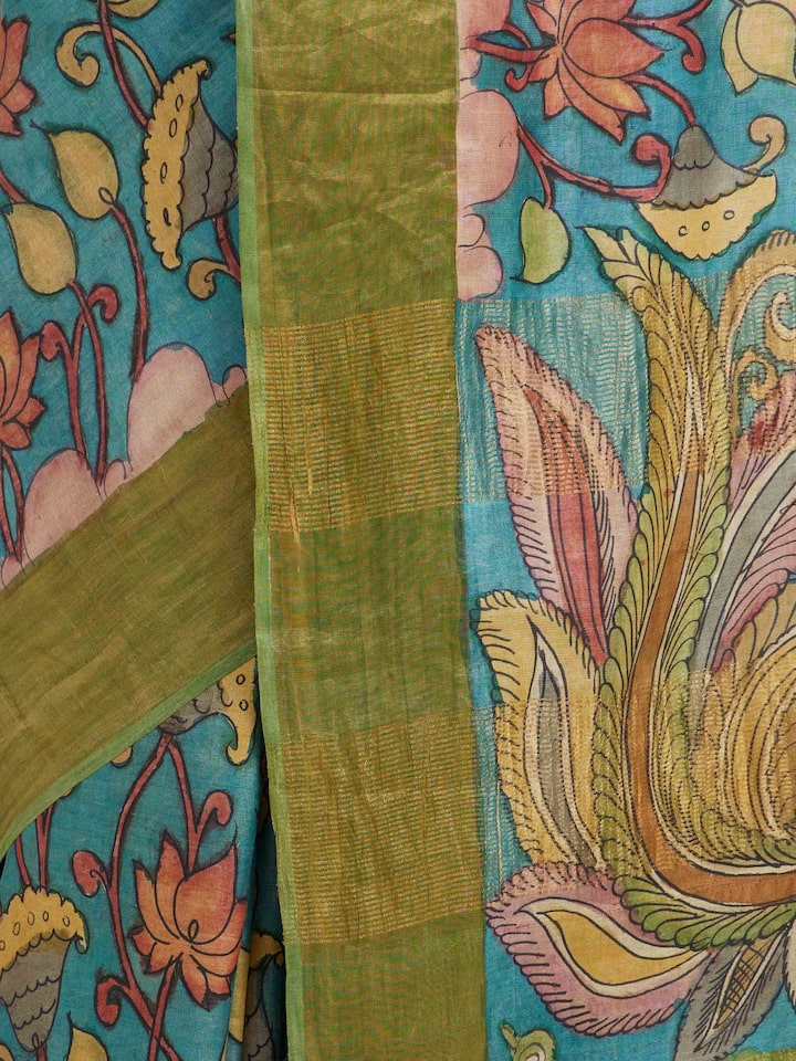 Detail view of Tussar Silk Kalamkari Saree highlighting the intricate weave pattern
