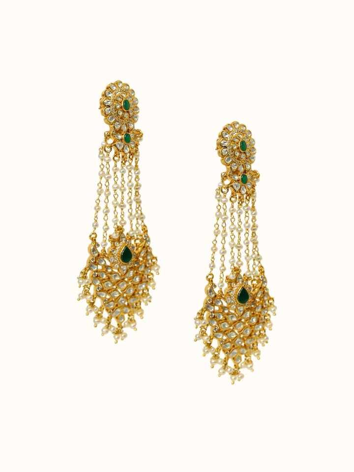 Close-up view of Dank Polki Silver Drop Earrings highlighting the stone setting and metalwork detail