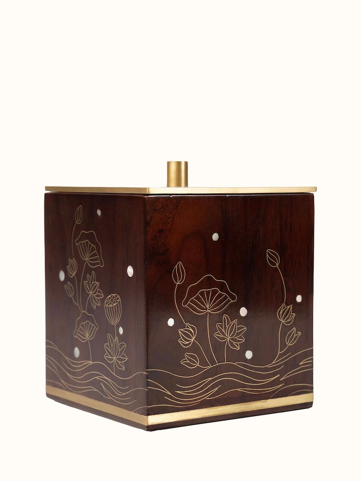 Close-up view of Kamal Tarkashi Teak Wood Cotton Jar highlighting the handcrafted detailing and finish, from a different angle