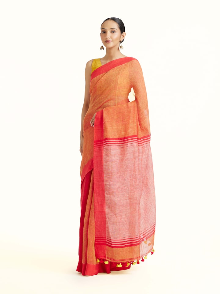 Side view of the Orange Linen Saree