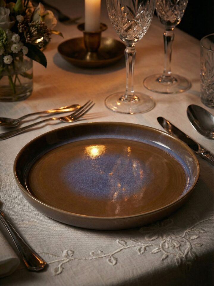 Lifestyle view of khurja pottery ceramic dinner plates brown set for dining