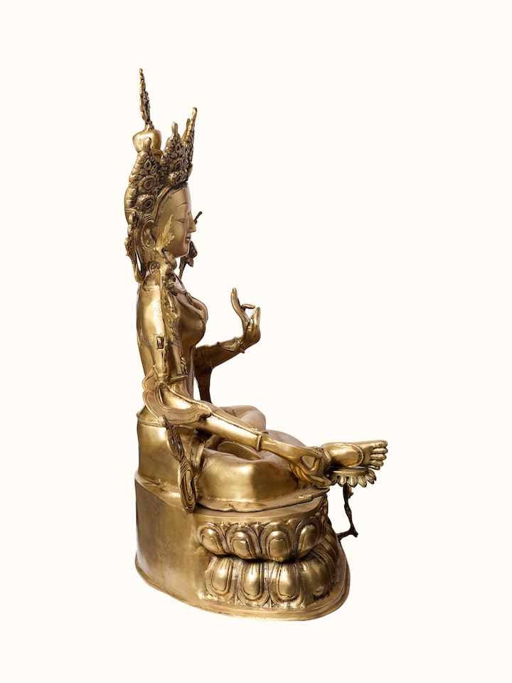 Side detail view of the Brass Green Tara Sitting Idol