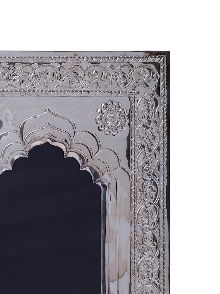 Detail view of Chetai Mehrab Silver Photo Frame highlighting the handcrafted detailing and finish, from a different angle