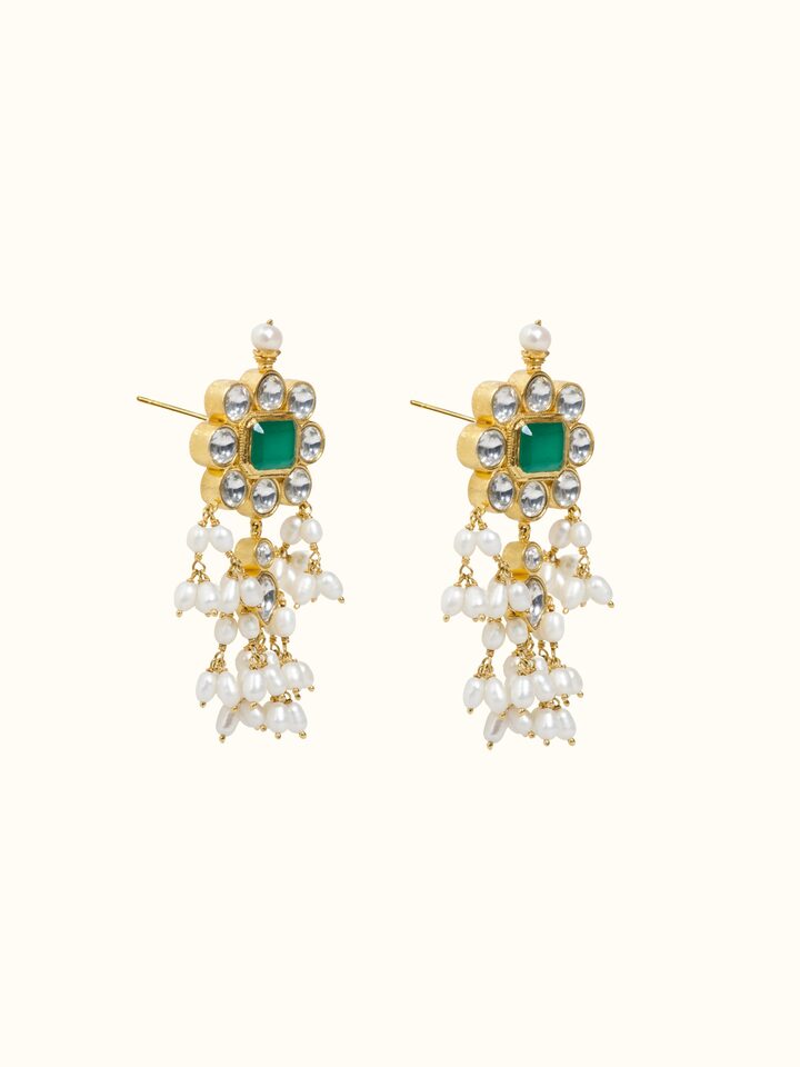 Angled view of Guttapusalu silver drop earrings