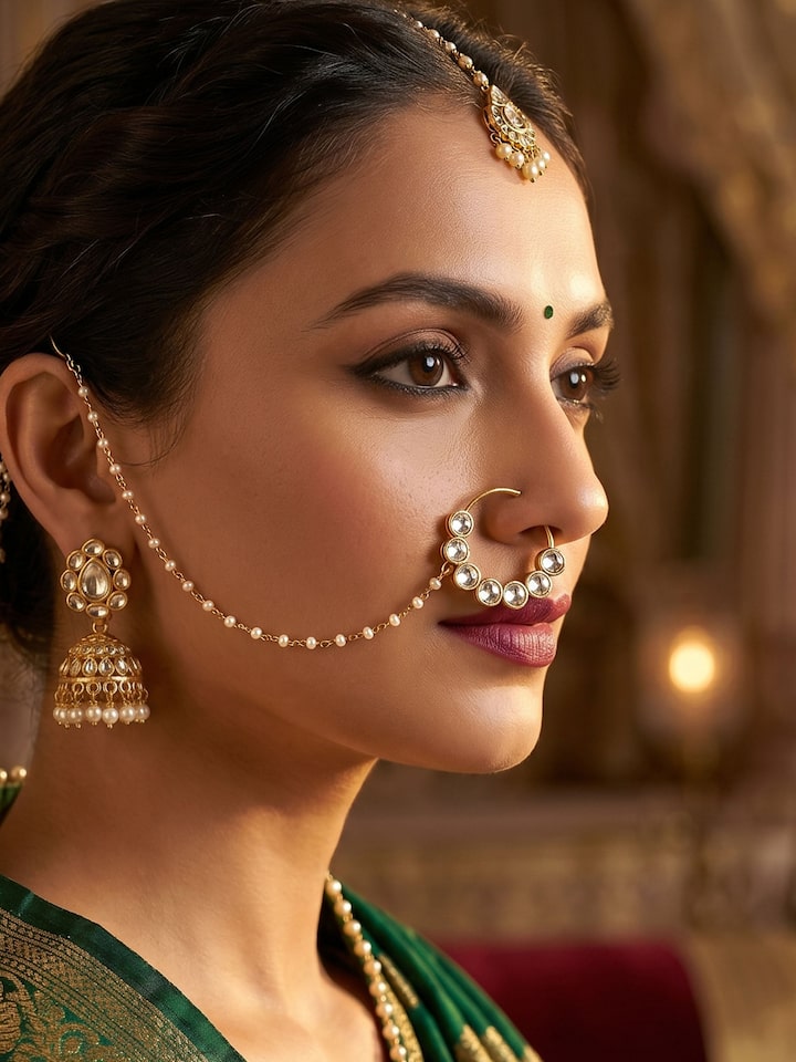Styled view of Silver Smithing Nath worn on the ear, showing how it looks styled