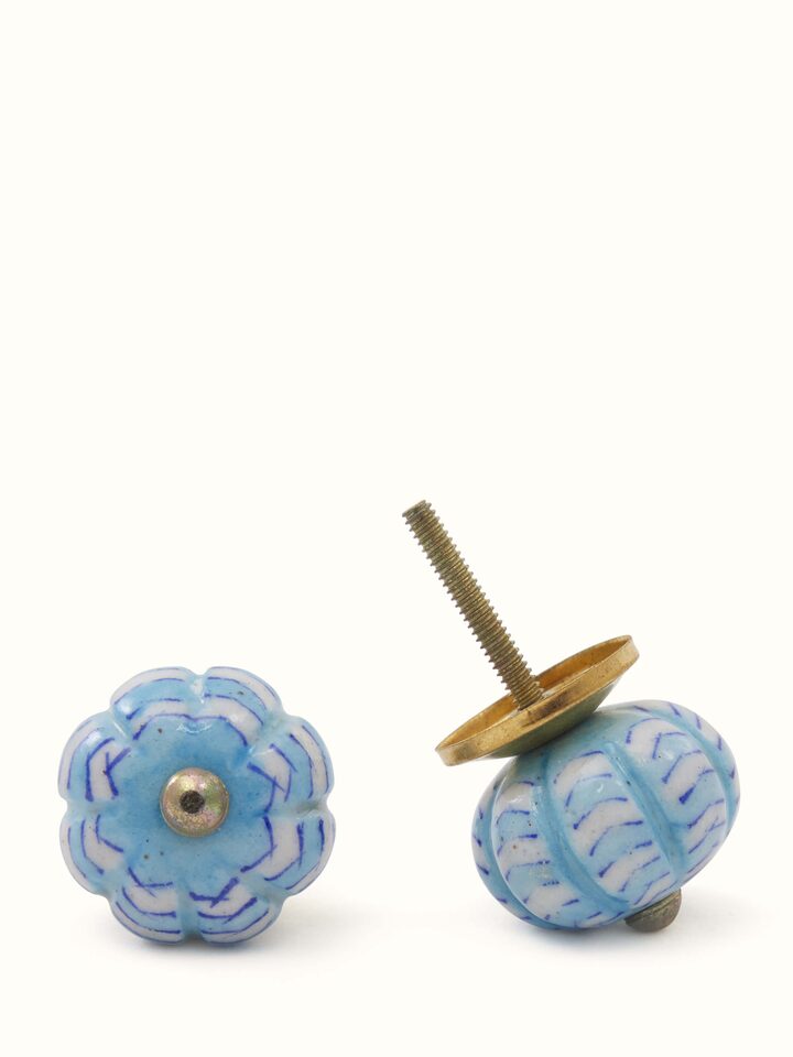 Blue pottery round rib door knob set with hand-painted floral design – front view