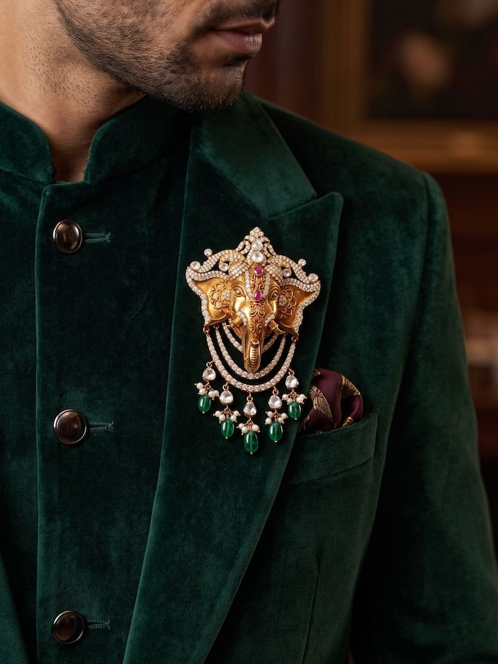 Styled view of Open Setting 18 Karat Gold Brooch pinned onto fabric, showing how it looks styled