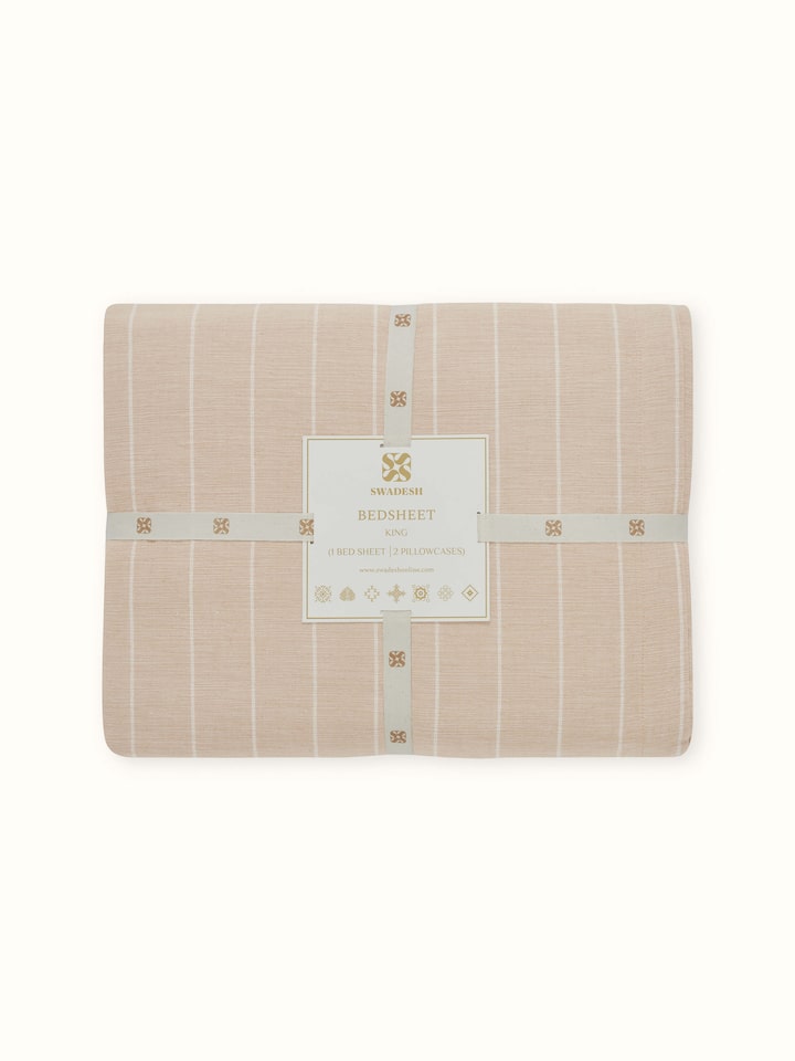 Keshod Handloom Cotton Beige Chambray Stripe King-size Bedsheet Set