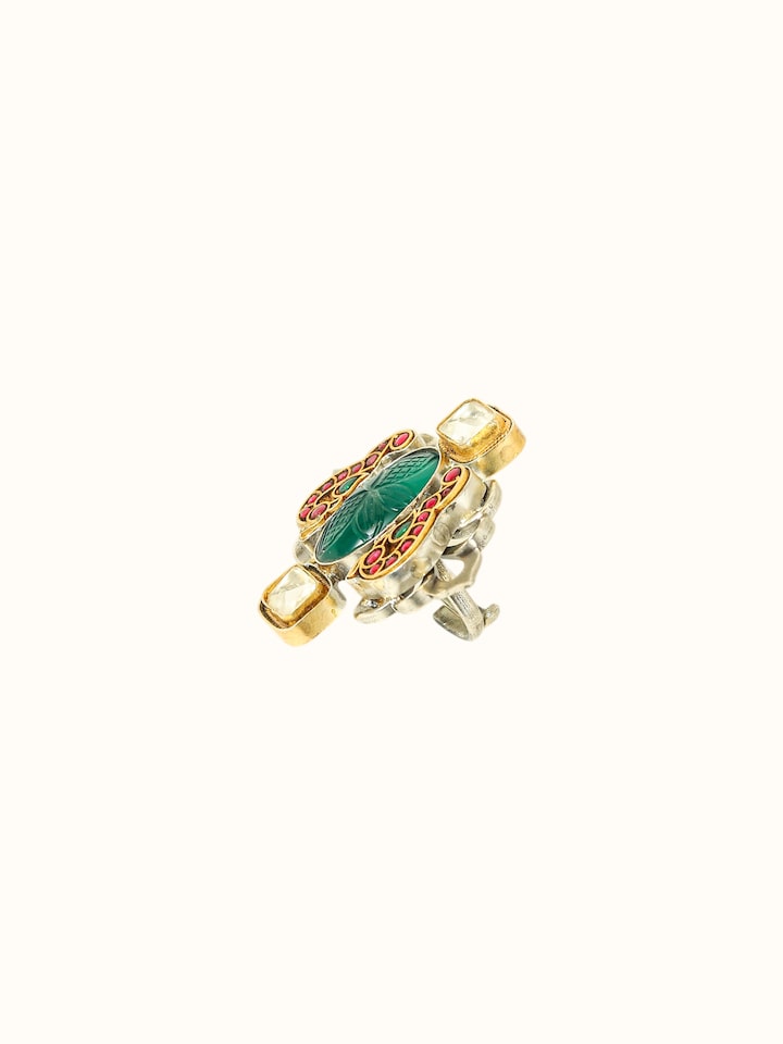 Angled view of the Dank Polki Two-Tone Silver Ring