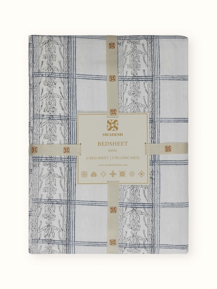 Orion Cotton Sanganeri Hand Block Print Checks King-size Bedsheet Set
