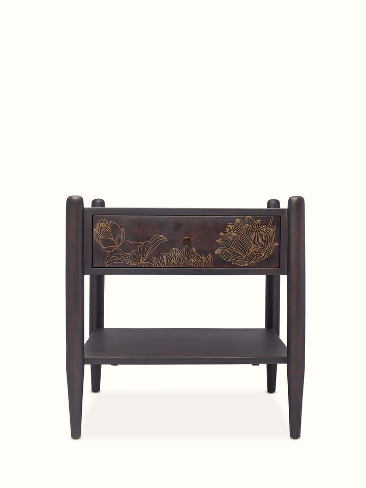 Front view of Sheesham Wood & Brass Tarkashi Bedside Table showcasing intricate brass inlay