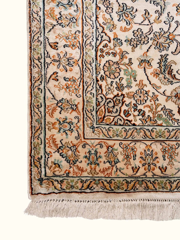 Detail view of Traditional Persian Beige Kashan Kashmir Silk Hand-Knotted Carpet highlighting the intricate pattern and pile texture