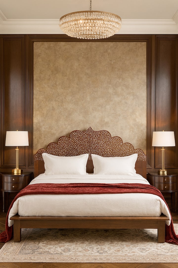 Styled view of Sheesham Wood & Bone Inlay King-size Bed styled in a room setting