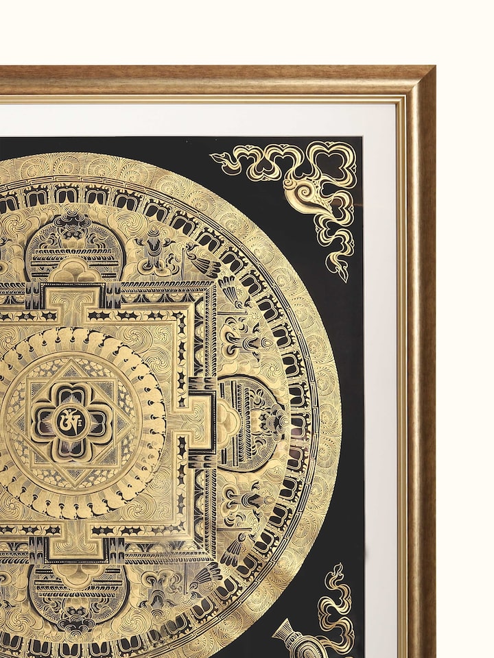Detail view of Kalchakra Gold Thangka Painting highlighting the intricate linework and detail, from a different angle