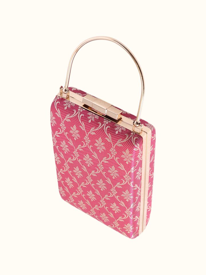 Close-up view of Pink Banarasi Silk Handbag highlighting the fabric weave and craftsmanship, from a different angle