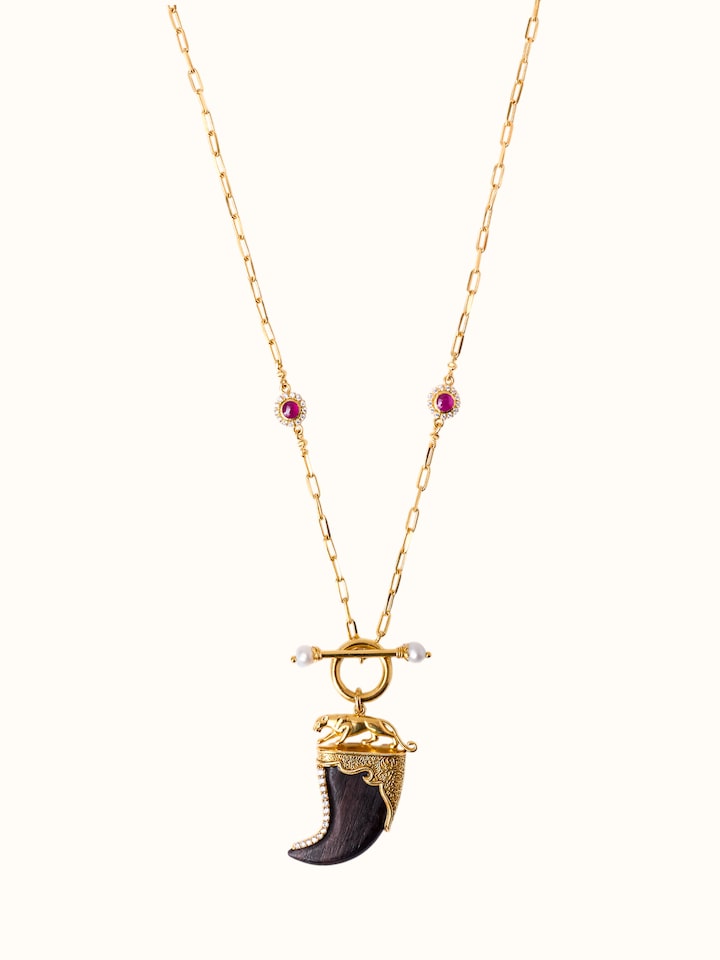 front view of carved wood and silver pendant chain with handcrafted design