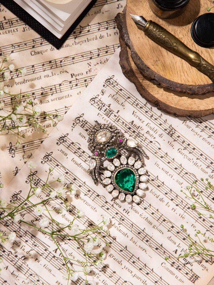 Styled detail view of Silver Smithing Brooch Pin pinned onto fabric, shown in an alternate styled shot