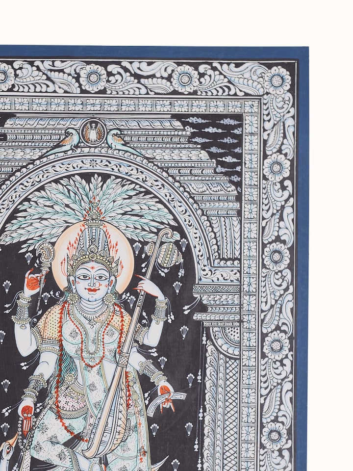 Close-up detail of the Saraswati Canvas Patachitra Painting