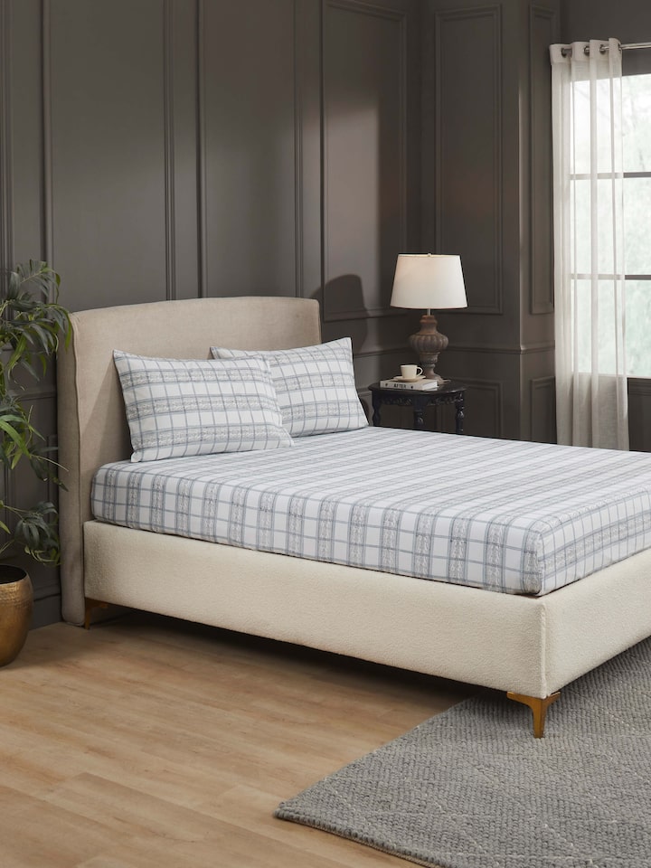 Orion Cotton Sanganeri Hand Block Print Checks King-size Bedsheet Set