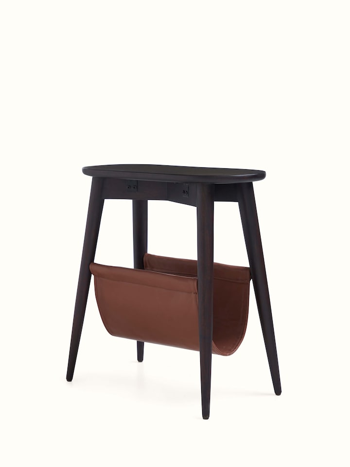 Angled view of the Sheesham Wood & Brass Tarkashi Magazine Rack