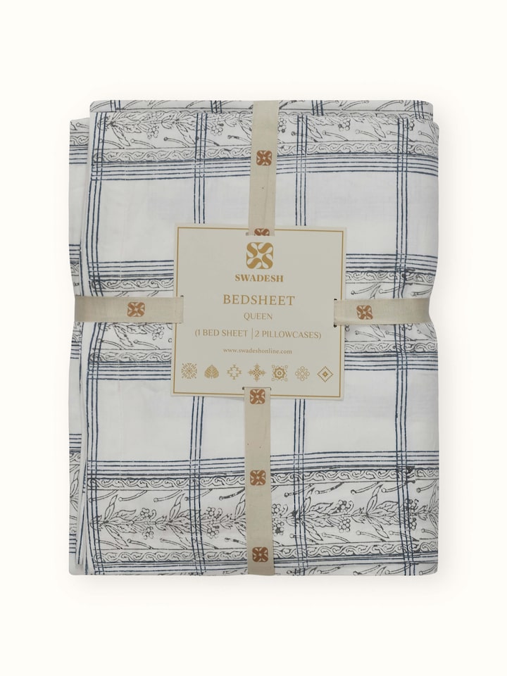 Orion Cotton Sanganeri Hand Block Print Checks Queen-size Bedsheet Set