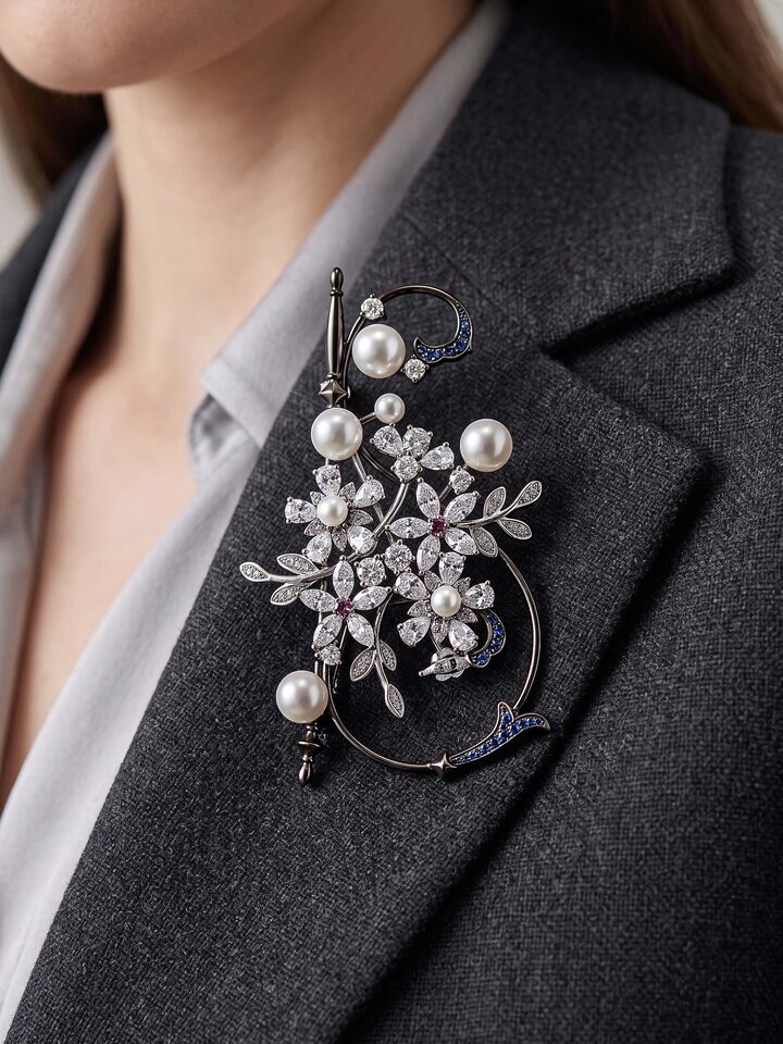 Styled view of Silver Smithing Brooch Pin pinned onto fabric, showing how it looks styled, from a different angle
