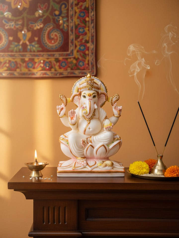 Alternate left-side view of the Marble Carved Ganesha Idol