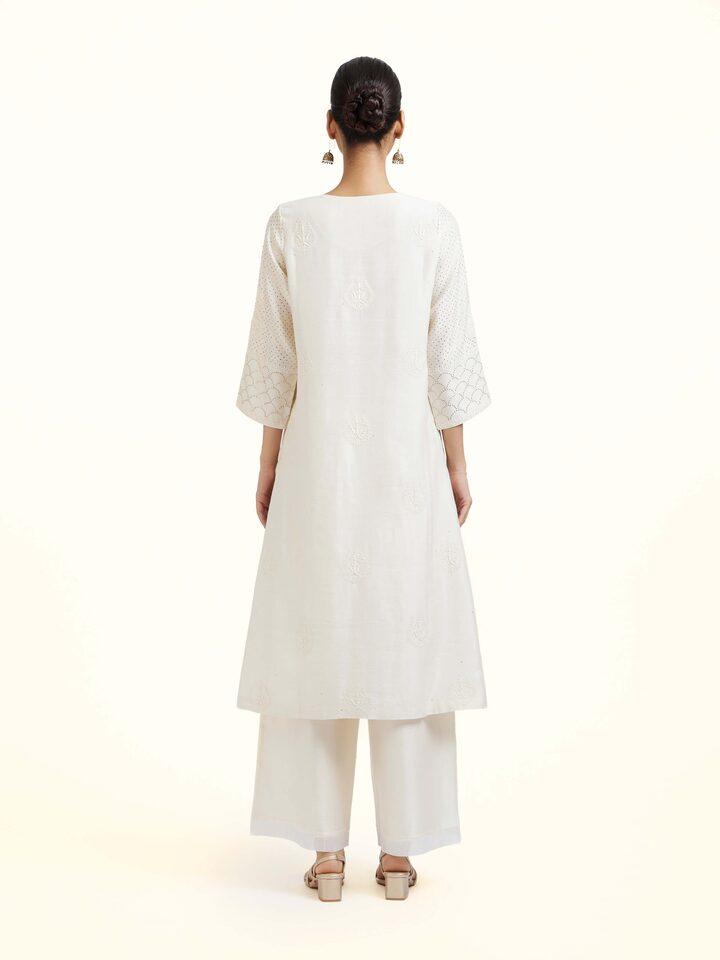 Back view of the White Chanderi Cotton Silk Chikankari A-Line Kurta