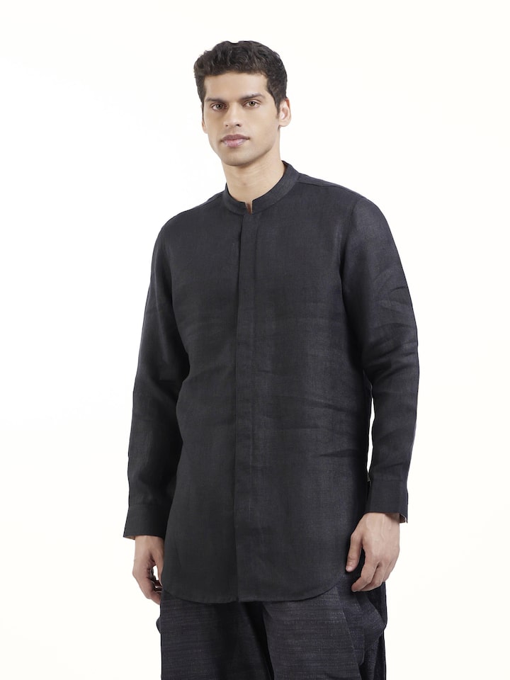 Black Linen Handloom Kurta Set