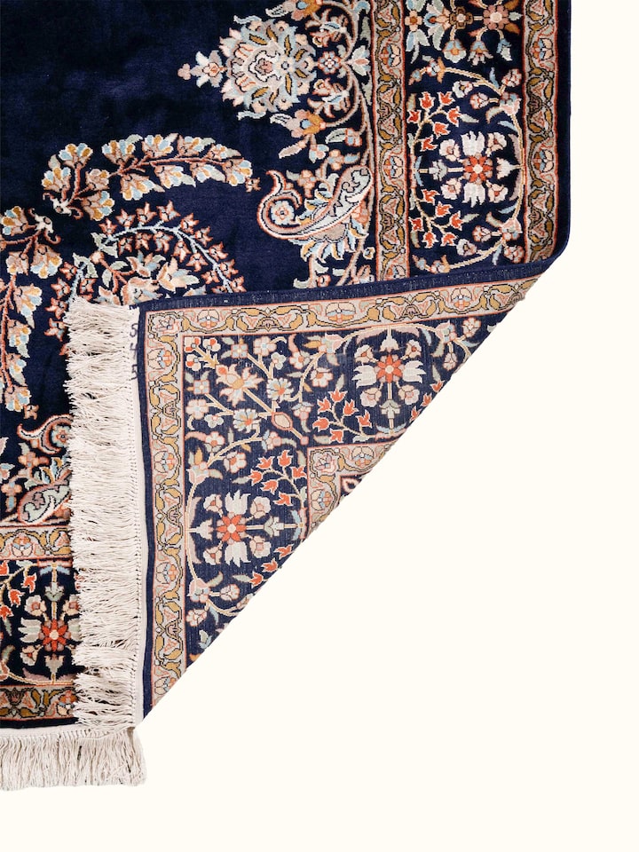 Back view of Traditional Persian Navy Mahal Kashmir Silk Hand-Knotted Carpet showing the reverse weave