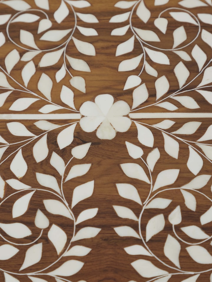 Detail shot of Teak Wood Inlay Bedside Table