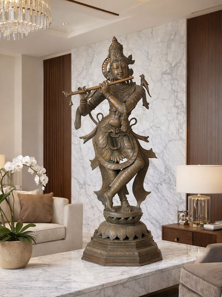 Side view of the Bronze Krishna Green Patina Idol