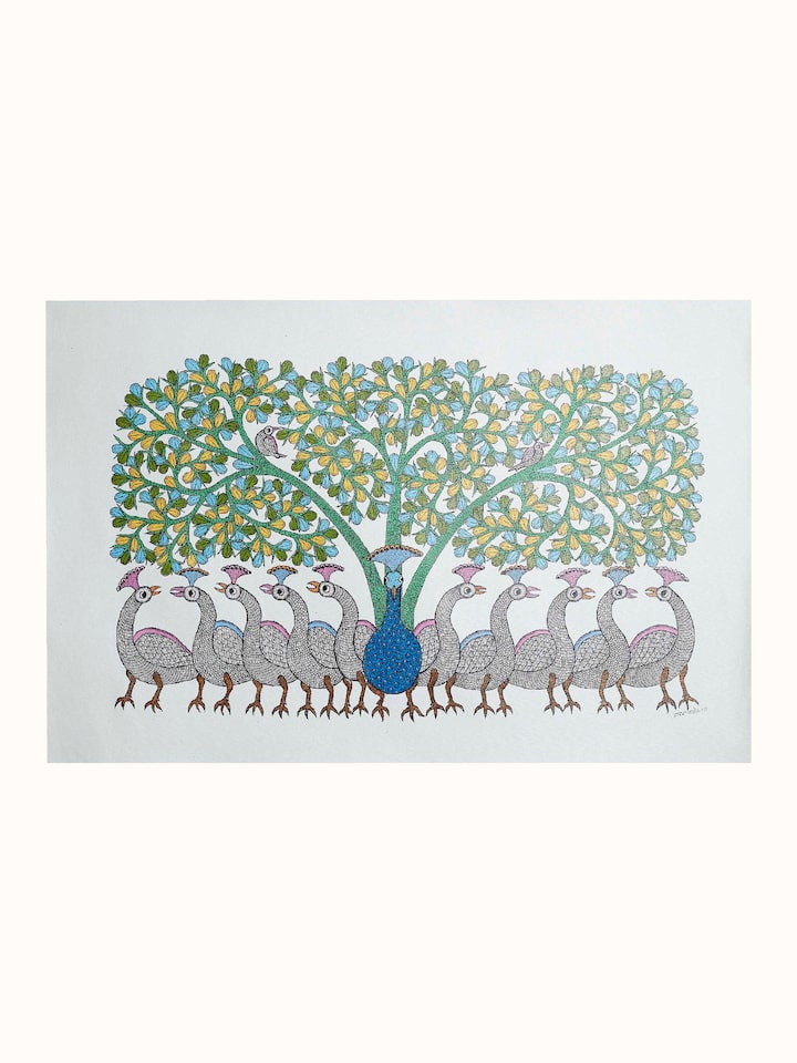 Front view of the Dancing Peacocks Gond Art