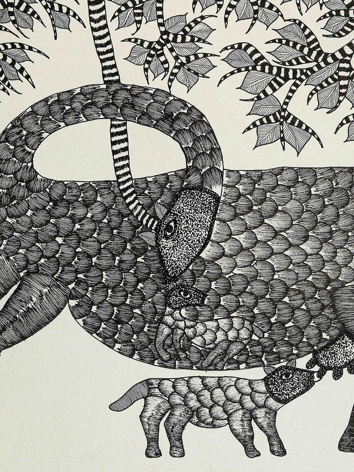 Front detail view of the Calf Under Mother Tree Gond Art