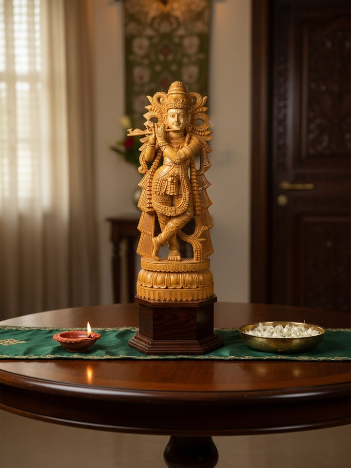 Side view of the Wood Carved Krishna Idol