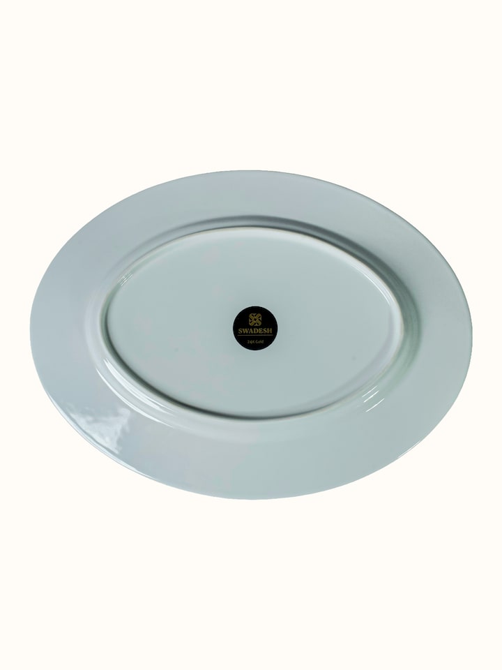 Back view of Oval Ceramic Serving Platter With Gold-Accented, Glaze-Set Motifs showing the back or base of the piece