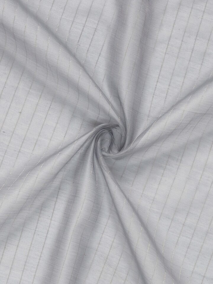 Angled view of handloom textured grey sheer curtain featuring subtle metallic stripe accents.