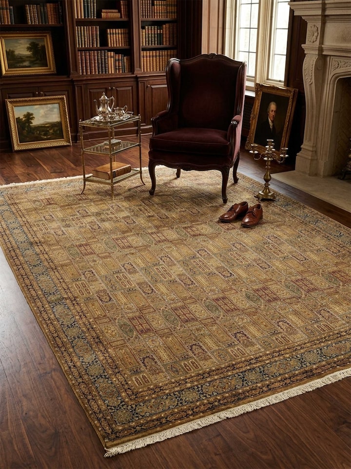 Lifestyle view of the Traditional Persian Ochre Khesti Kashmir Silk Hand-Knotted Carpet