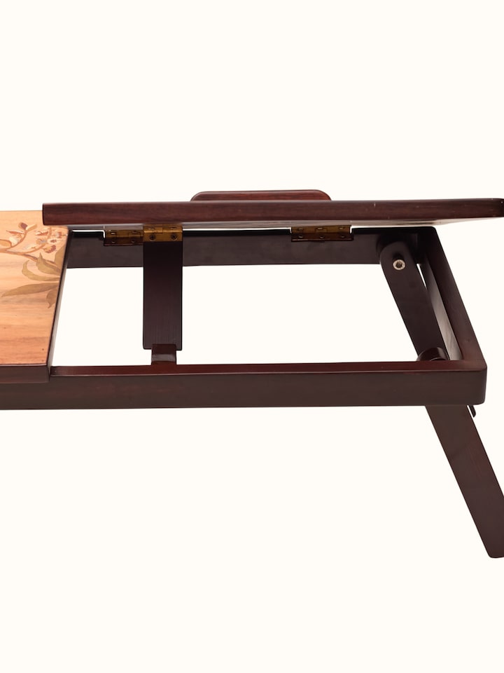 Close-up detail of the Marquetry Teak Wood Laptop Table