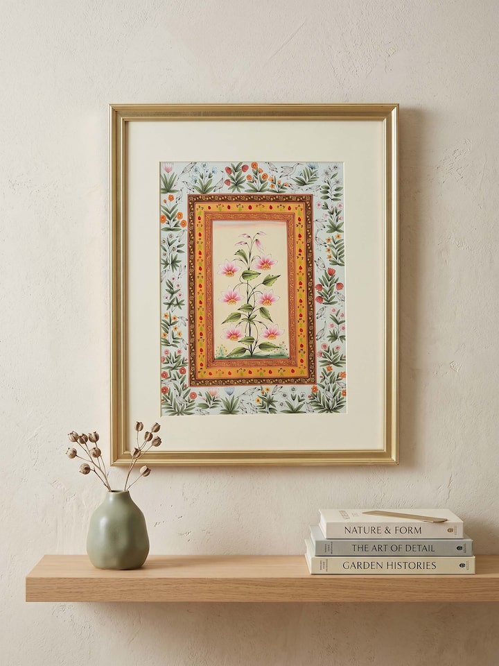 Styled view of Cosmos Floral Boarder Miniature Painting displayed against a styled backdrop