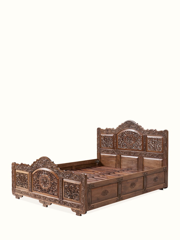 Close-up view of Carved Walnut Wood Queen-size Bed highlighting the inlay work and craftsmanship detail